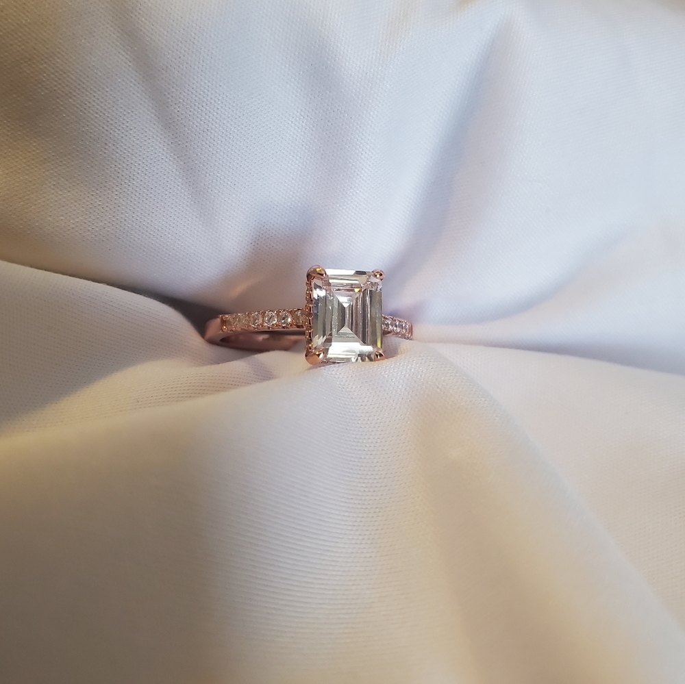 Beautiful 3ct Emerald Cut CZ, Rose Gold Silver Engagement Wedding Ring